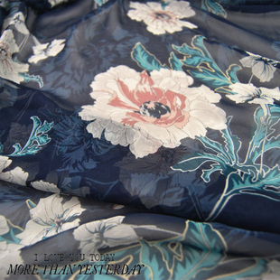 古典宽幅藏青色 白花朵 真丝乔其纱面料 连衣裙衬衫面料布料