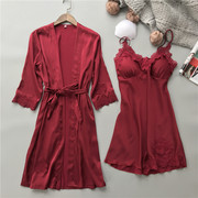 睡衣女春夏季2件套睡袍刺绣，花边性感吊带长袖，睡袍真丝绸家居服女