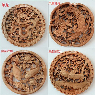 东阳木雕香樟木小挂件，中式仿古壁挂圆形镂空雕刻工艺品
