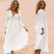海边度假防晒白色长袖人棉蕾丝长款比基尼泳衣罩衣罩衫外套沙滩裙