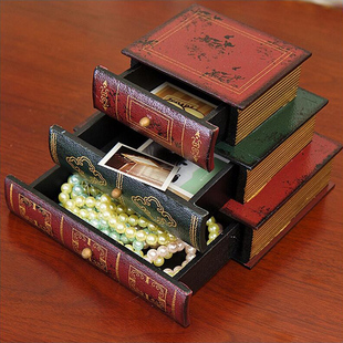 欧式家居摆件首饰品抽屉式收纳盒复古木质书盒假书模型，摄影道具书