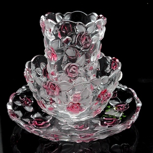 红玫瑰花水晶玻璃水果盘果斗糖缸花瓶，套装糖果罐新婚乔迁礼物实用
