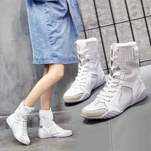 靴子女春秋运动平底短靴系带，真皮透气女靴欧美白色，中筒马丁靴靴鞋