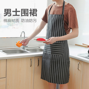 家用厨房做饭韩版防水防油工作围裙，男式女式成人条纹罩衣工作服
