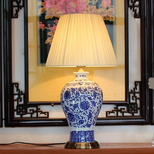 全铜景德镇青花瓷客厅书房卧室，床头现代新中式，遥控调光陶瓷台灯具