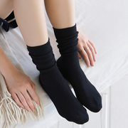 3双韩版卷边纯棉女中筒袜子黑色中厚长筒短靴堆堆袜秋保暖羊毛袜