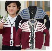 韩版男童薄开衫中大童款条纹，v领纯棉针织开衫酒红藏蓝色