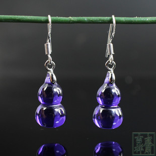 天然深紫色锆石葫芦耳环耳坠，短款女古典玉石夏季耳饰，925银耳钩