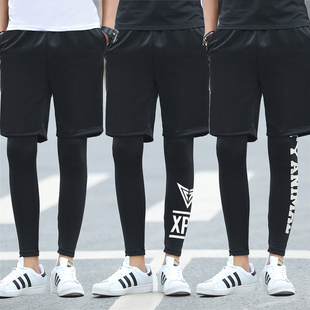 男士紧身打底裤外穿韩版运动篮球夏嘻哈假两件潮流健身套装跑步女