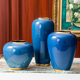 欧式陶瓷花瓶摆件蓝色小陶罐客厅插花摆设干花简约现代家居装饰品