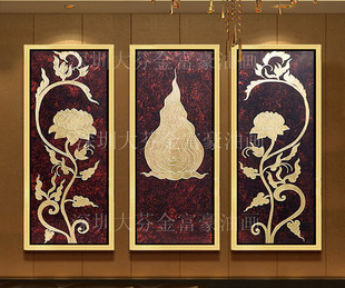 东南亚泰式风格纯手绘客厅，别墅瑜伽馆装饰画，抽象画壁画金箔装饰花