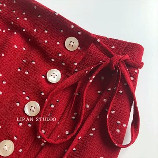 特纯元~法国小众红色，圆点复古高腰，半裙系带开叉半身裙