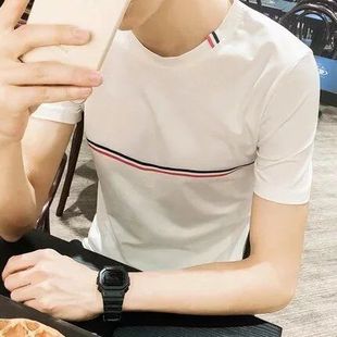 夏季t恤男短袖韩版潮流青少年，简约修身圆领，体恤运动青春小衫半袖