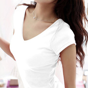 纯白色t恤女短袖夏季纯棉，显瘦打底衫韩版体恤修身紧身纯色v领