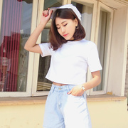 女露肚脐短袖t恤夏装韩版宽松学生上衣，纯色短款漏脐白色打底体恤