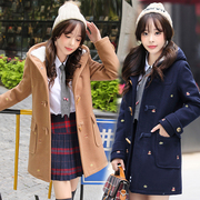 少女冬装韩版学院风呢子，大衣高中初中学生，中长款毛呢外套女加厚