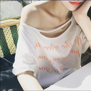 夏季装韩版女式打底衫一字领露肩宽松大码短袖纯棉体恤女上衣