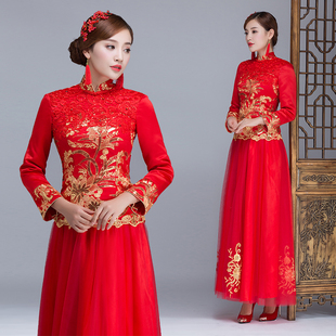冬季敬酒服新娘长袖中式礼服女红色长款2022加厚加棉结婚旗袍