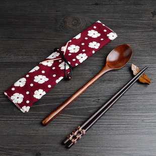 实木筷勺套装三环木质筷子勺子便携布袋婚庆情侣旅行环保餐具