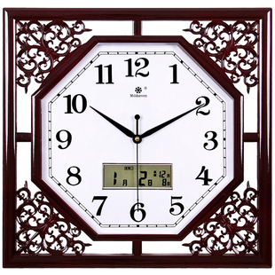 客厅挂钟18寸客厅挂钟，红木色复古中式艺术，扫秒机芯静音电子石英钟