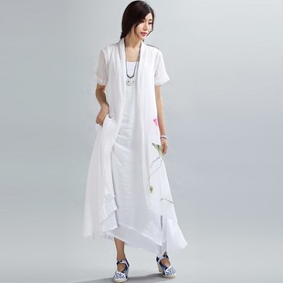 2016夏装短袖白衬衫女长款棉麻开衫民族风，手绘荷花披肩修身