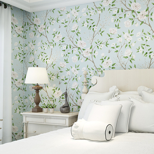 美式田园风格壁纸绿色小清新碎花纯纸卧室客厅，家用电视背景墙壁纸