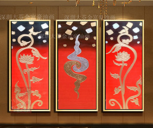 东南亚泰式风格金色荷花，装饰画三联家居别墅酒店，挂画纯手绘油画