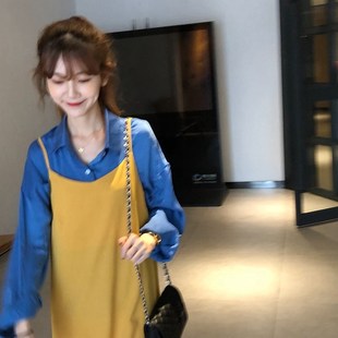 乌77韩国好看的姜黄色(姜黄色，)套头v领无袖，吊带裙中长款雪纺连衣裙女夏