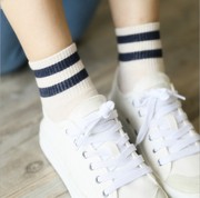 日韩学院风棉袜 原宿风二杠条纹运动袜学生短袜子 日系两条杠短袜
