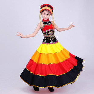 六一少儿彝族舞蹈服装大摆裙，开场舞台表演服火把节民族演出服饰