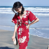 奈良红色连衣裙女夏季v领碎花裙沙滩，裙女雪纺长裙子2024海边度假