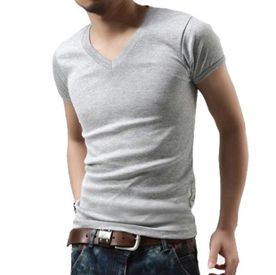 夏装男士紧身t恤韩版修身v字领短袖，加大码半袖低领纯棉体恤潮