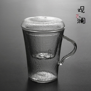 锤纹耐热玻璃花茶杯加厚透明过滤水杯，办公室泡茶杯带把茶水分离杯