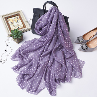 紫色白波点真丝围巾女士圆点，桑蚕丝丝巾长款纱巾，韩国披肩春秋冬季