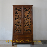 东南亚泰式古典全实木榆木衣柜卧室柜子镂空雕花复古网红原木做旧