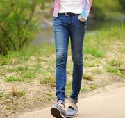 韩国复古蓝色个性弹力低腰，小脚紧身牛仔裤，男铅笔牛仔长裤男明星款