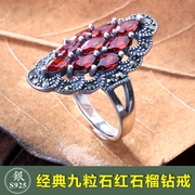 s925泰银戒指女款镶嵌红石榴，时尚复古民族风，纯银指环大气生日礼物