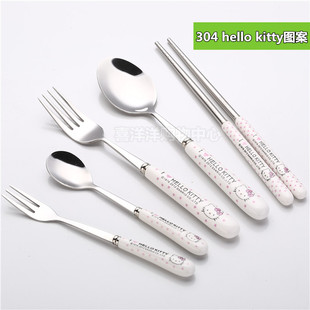 304不锈钢hellokitty图案，陶瓷餐具筷子勺子，叉子创意不锈钢餐具