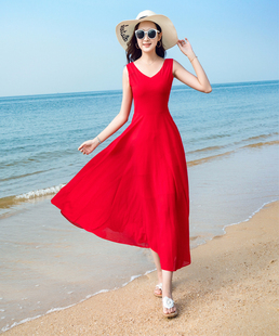 雪纺连衣裙2023夏季无袖波西米亚，长裙优雅时尚，海边度假沙滩裙气质