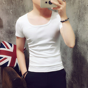 夏季男士纯色圆领t恤修身白色，短袖韩版潮流，青少年低领打底衫半袖