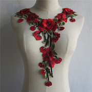 时尚百搭红色玫瑰花刺绣缝纫diy手工，网纱镂空蕾丝花边衣领布贴