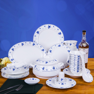 景德镇中式青花骨瓷餐具家用碗碟，碗盘套装组合2856头釉中彩陶瓷