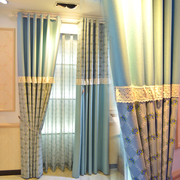 双面印花布料客厅，卧室蓝色全遮光布料拼接定制窗帘br