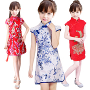 儿童旗袍演出服中国民族风，复古青花瓷连衣裙女童，汉服红色可爱亮片