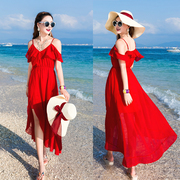 2020夏装大红色v领雪纺吊带，连衣裙大摆海边波西米亚沙滩长裙