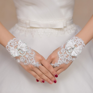 婚纱手套新娘礼服旗袍白色短款露指蕾丝韩式水钻结婚2019甜美