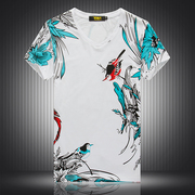 中国风夏季男士时尚个性花式v领短袖T恤衫 花鸟图案印花修身半袖