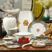 碗碟套装家用欧式骨瓷，餐具中式汤面碗盘子56头饭碗，组合结婚瓷器