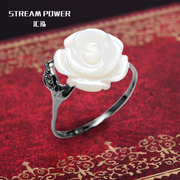 日韩珍珠母贝花卉j戒指天然贝壳白色玫瑰花朵925纯银指环