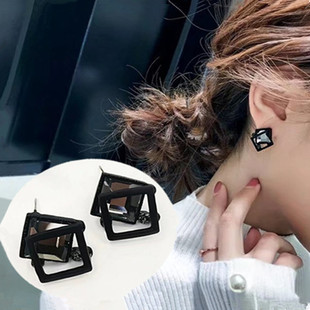 韩国纯银针几何四方形水晶耳钉时尚简约黑色四方框耳环耳饰女